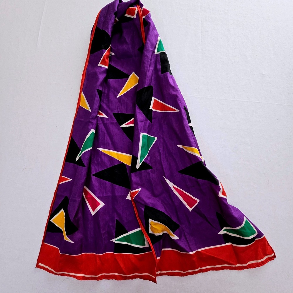 Vintage 80s Geometric Triangle Print Scarf Purple Red Abstract Hand Rolled Edge
